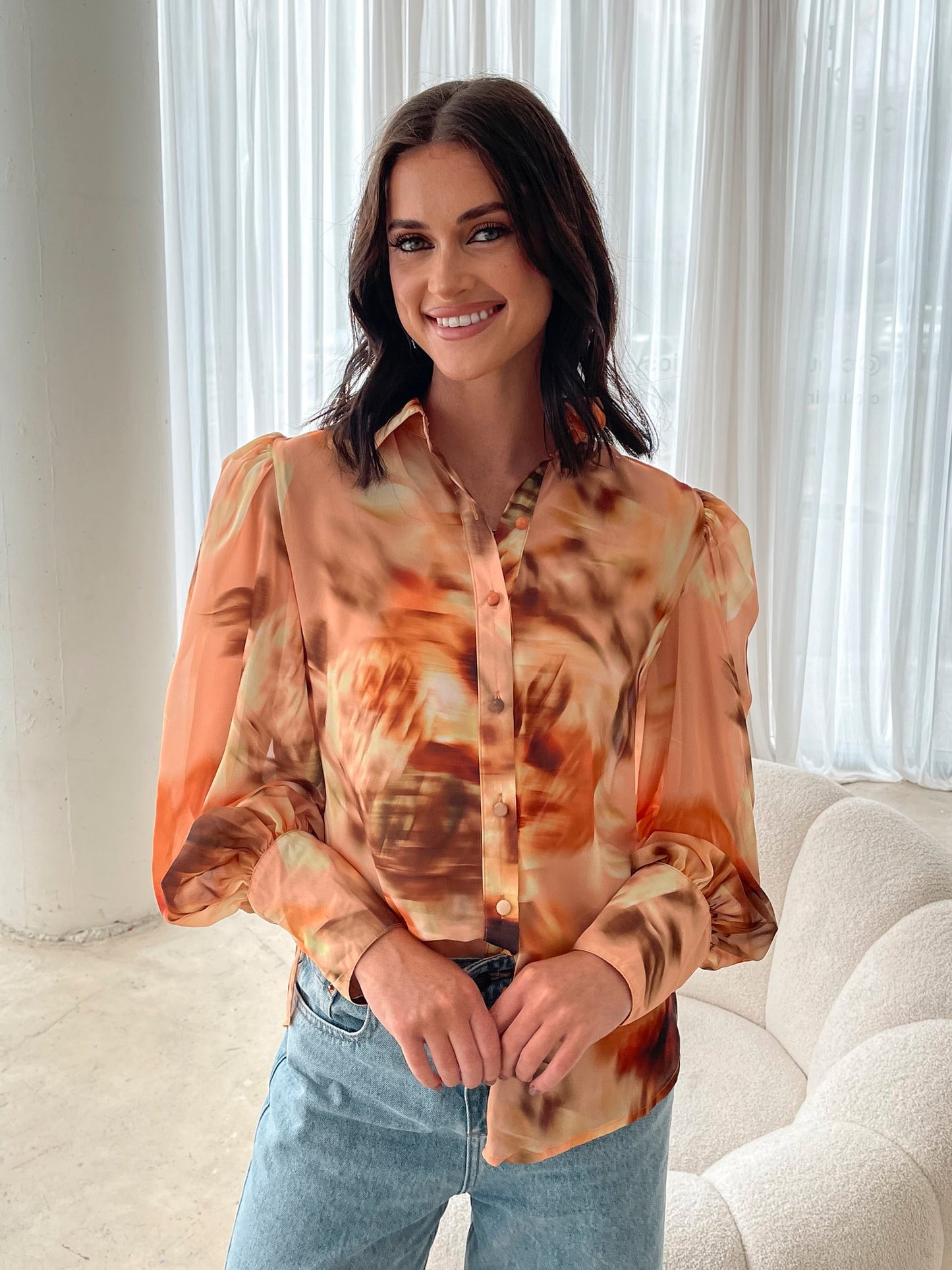 Fleet Yellow Blurred Floral Blouse | Women's Floral Blouse
