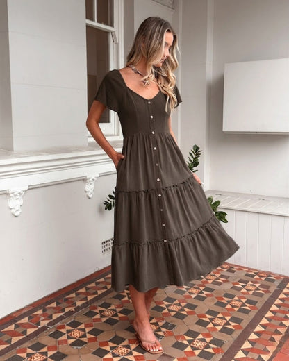 Celie Cocoa Dress | Women's Linen Midi Dress