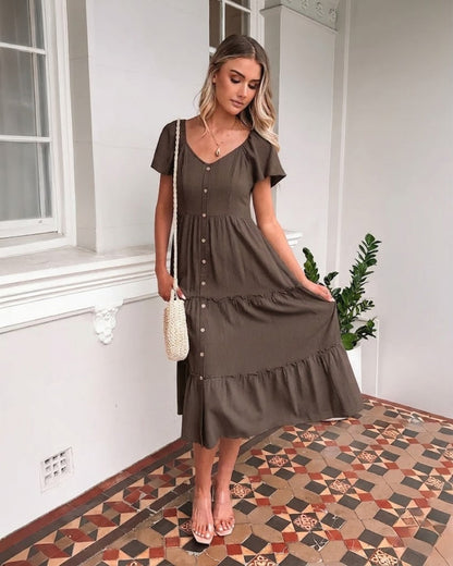 Celie Cocoa Dress | Women's Linen Midi Dress