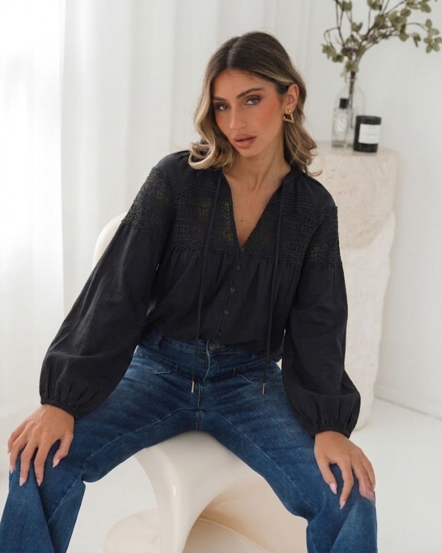 Chenille Black Lace Blouse | Women's Boho Lace Blouse