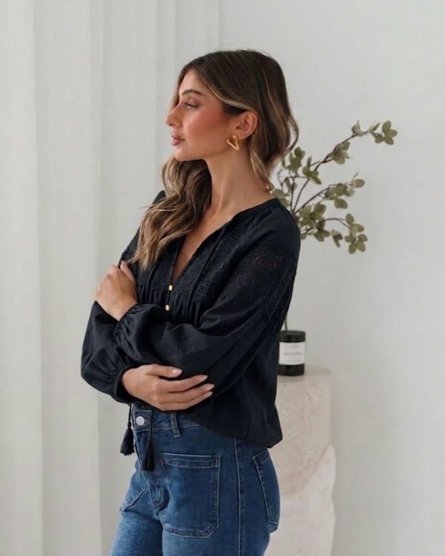 Chenille Black Lace Blouse | Women's Boho Lace Blouse