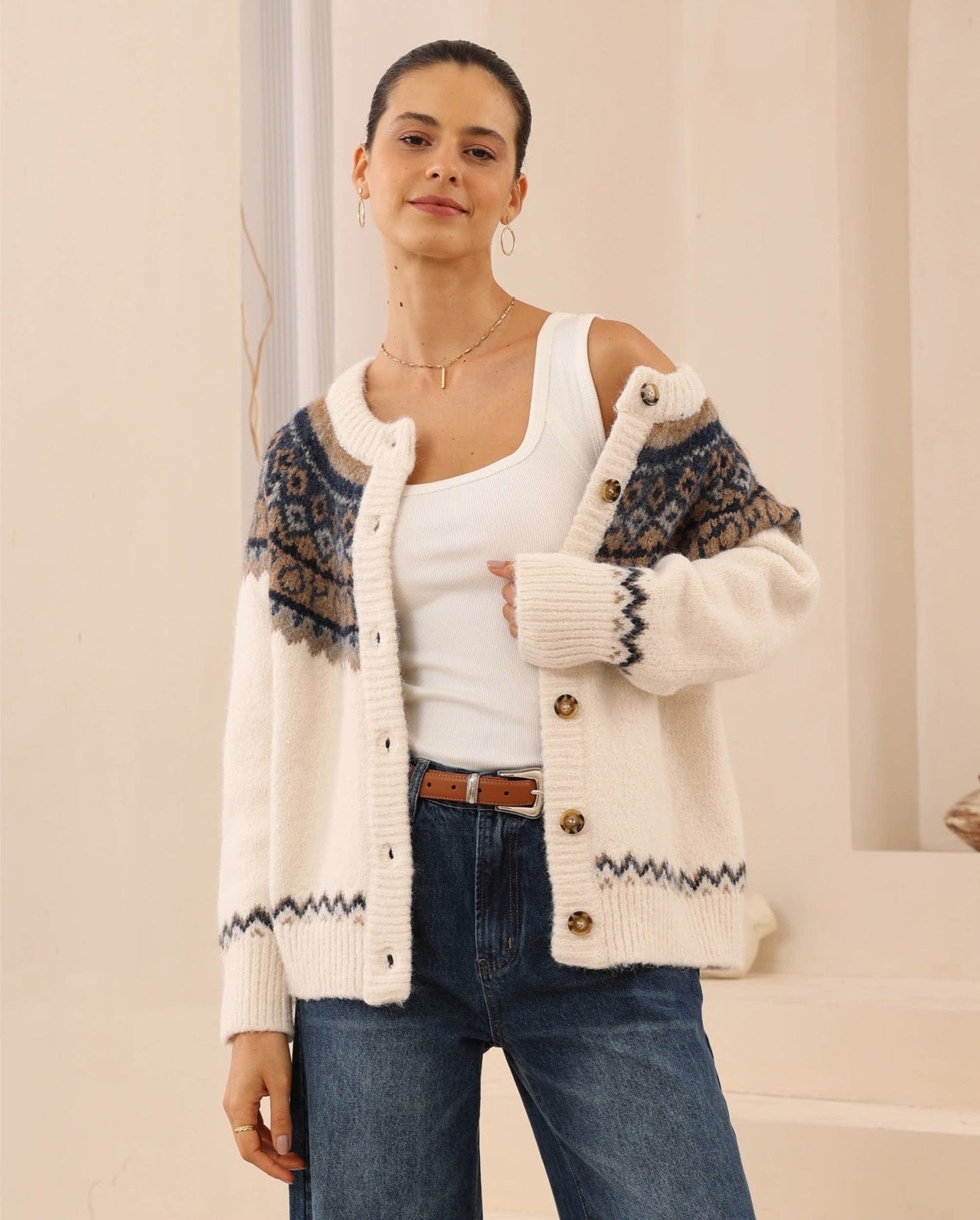 Elyska Beige Print Cardigan | Women's Knit Cardigan
