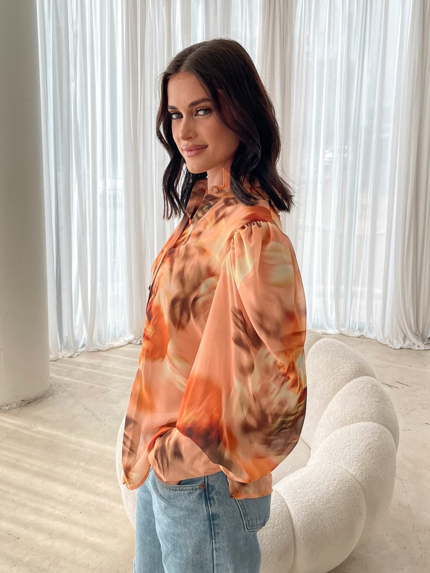 Fleet Yellow Blurred Floral Blouse | Women's Floral Blouse