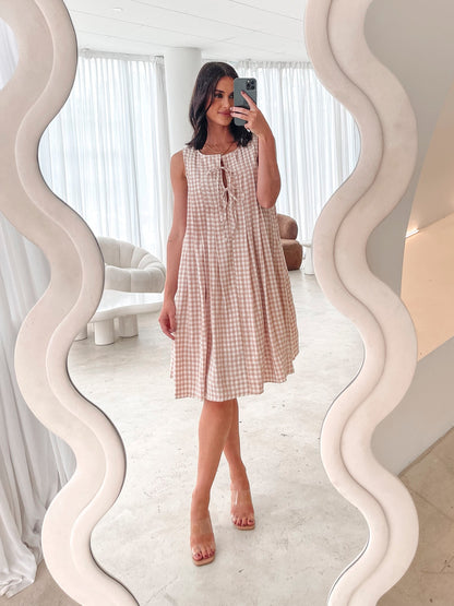 Kearah Beige Gingham Dress | Women's Gingham Midi Dress