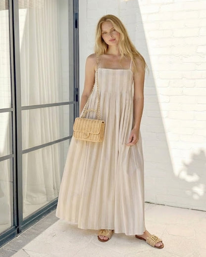 Rhiannon Dress Beige Stripe | Women's Striped Square Neck Maxi Dress