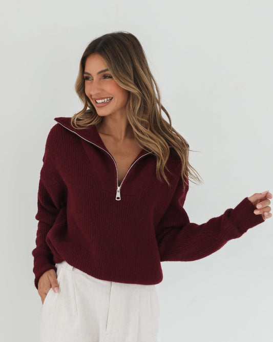 Merete Knit - Bordeaux | Women's High Collar Knit Jumper