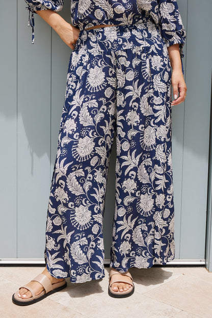 Minda Black Mono Print Pants | Women's Wide Leg Pants