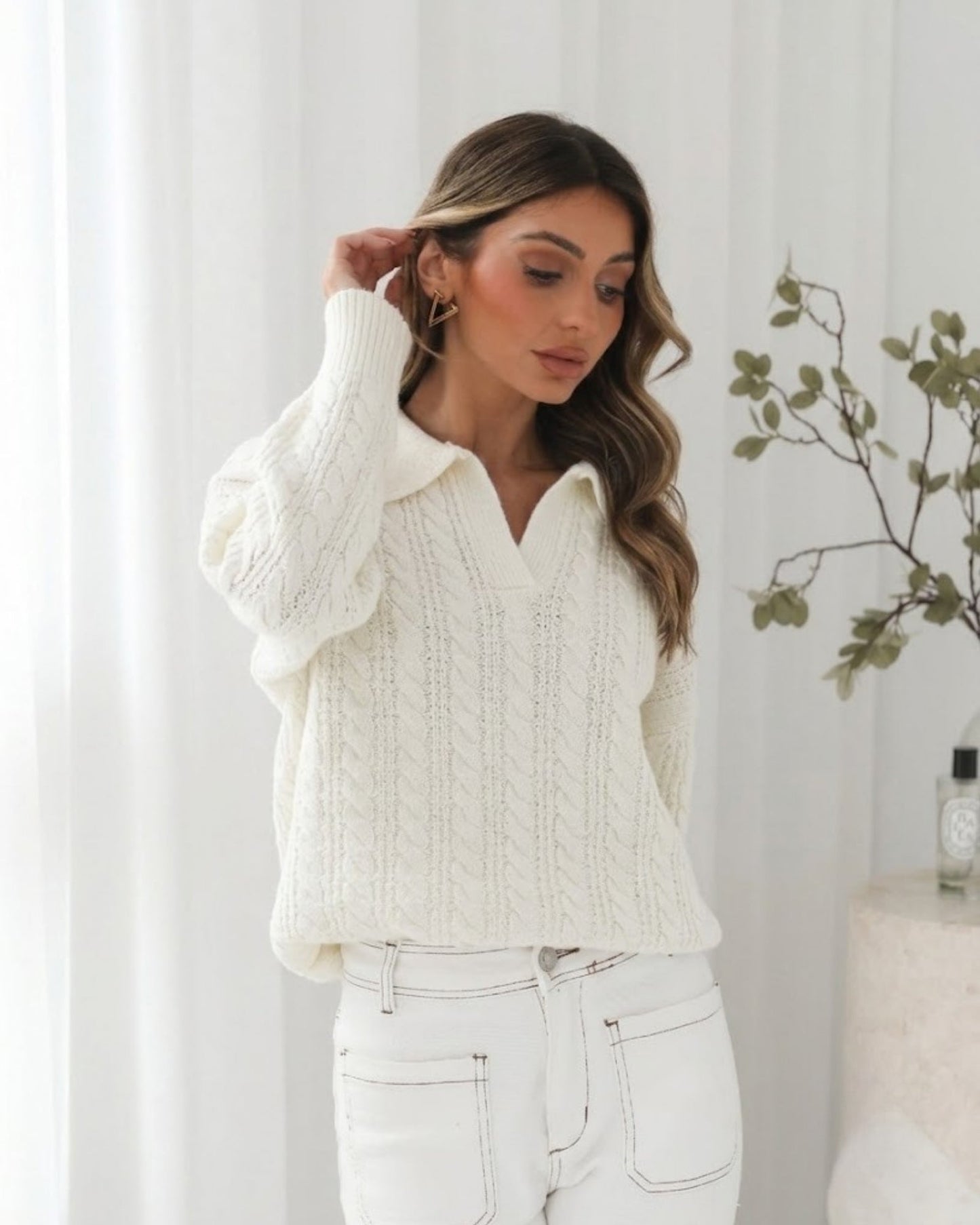 Oriah Cream Cable Knit Jumper | Women's Collared Knit Jumper