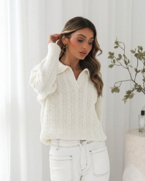 Oriah Cream Cable Knit Jumper | Women's Collared Knit Jumper