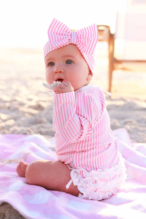 Long Sleeve Rash Guard with Ruffle Bottom | Seersucker Dusty Pink