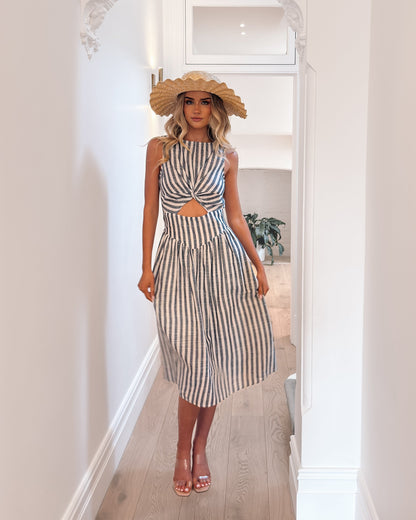 Rafiya Dress - Navy Stripe | Women's Linen Stripe Midi Dress