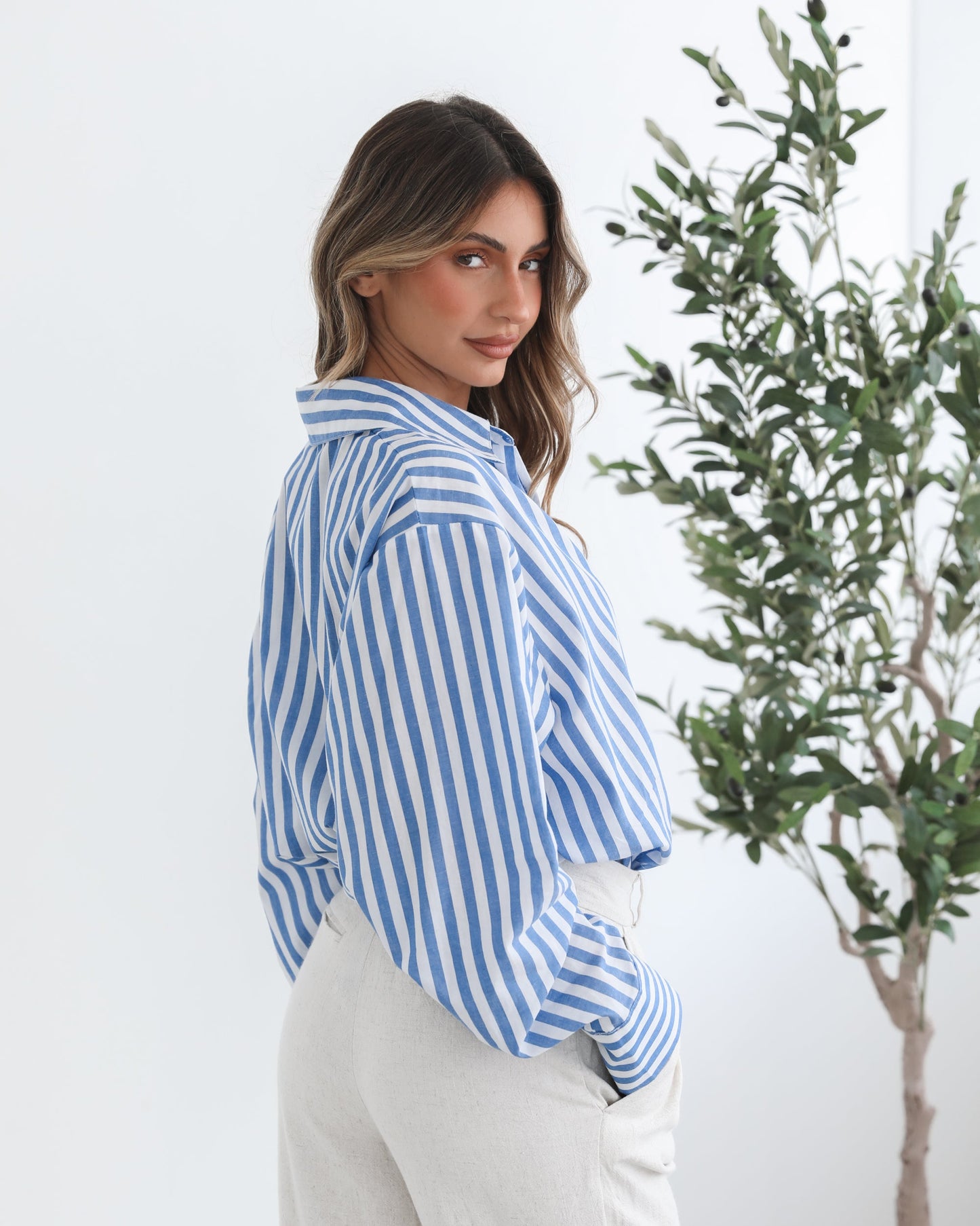 Raiana Blue Stripe Shirt | Women's One Shoulder Shirt