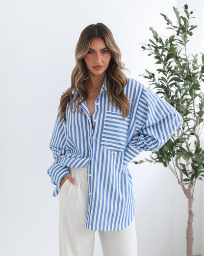 Raiana Blue Stripe Shirt | Women's One Shoulder Shirt