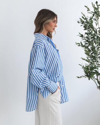 Raiana Blue Stripe Shirt | Women's One Shoulder Shirt