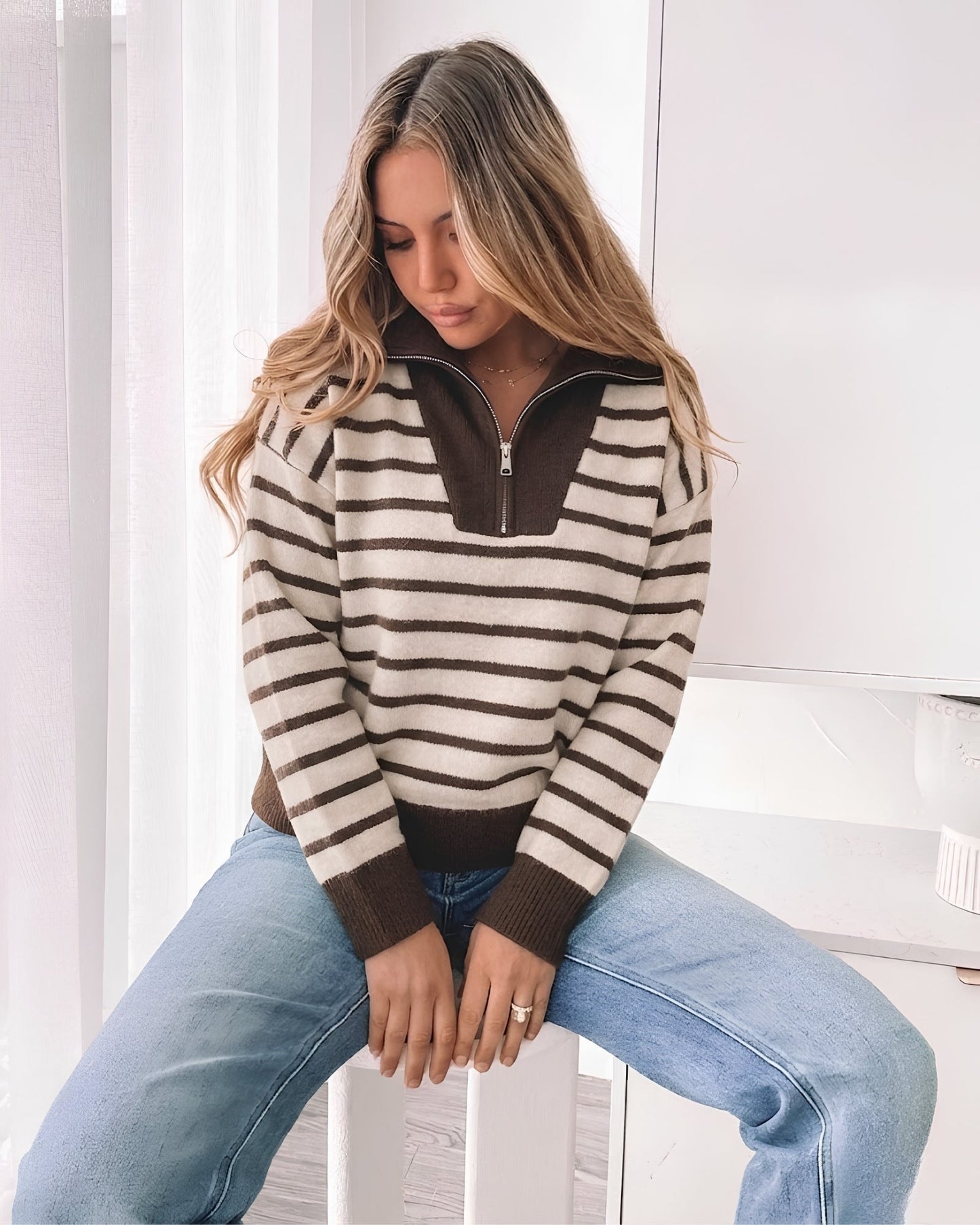 Tanner Choc Stripe Half Zip Knit | Women's Quarter Zip Knit Jumper
