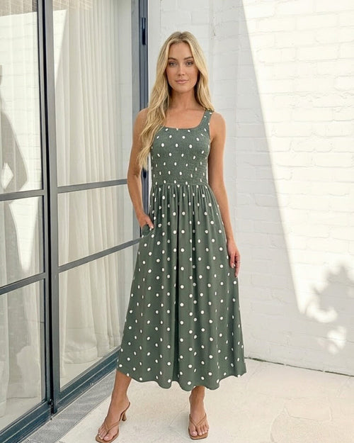 Torrance Dress - Green Spot | Women's Polka Dot Midi Dress