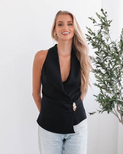 Vittoria Navy Top | Women's Plunge Neck Top