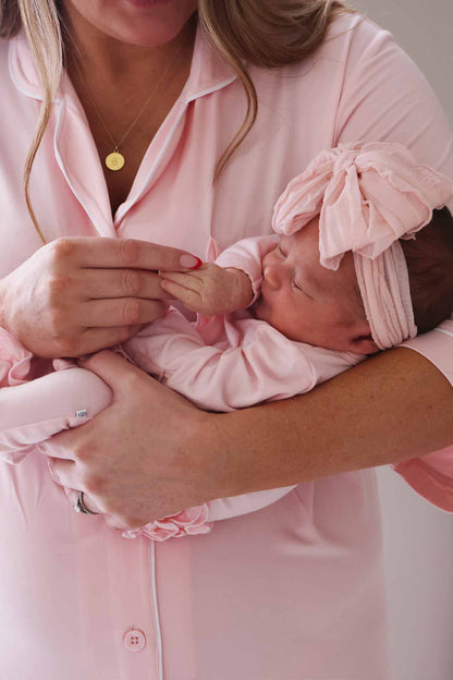 Baby Pink Bamboo Ruffle Zipper Footie