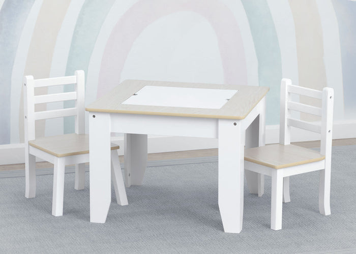 White children's table and chairs with a light wood finish on a gray floor.