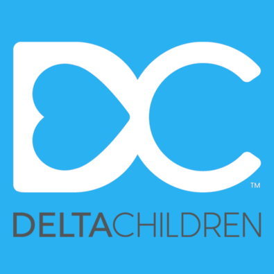 Logo of Delta Children with a stylized heart symbol and the company's name against a blue background.