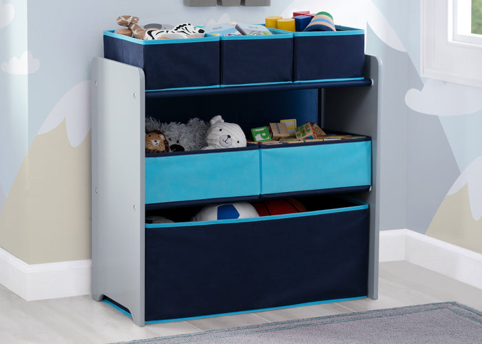 Delta Children Grey with Blue (026) Design and Store 6 Bin Toy Organizer, Hangtag View