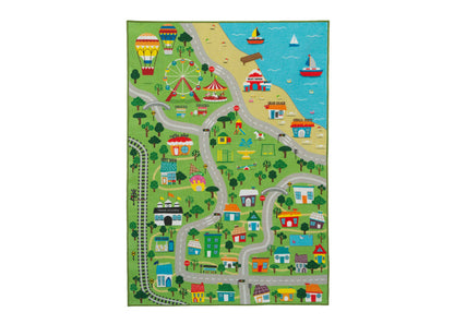 Colorful children's play rug with cartoon town design on a white background