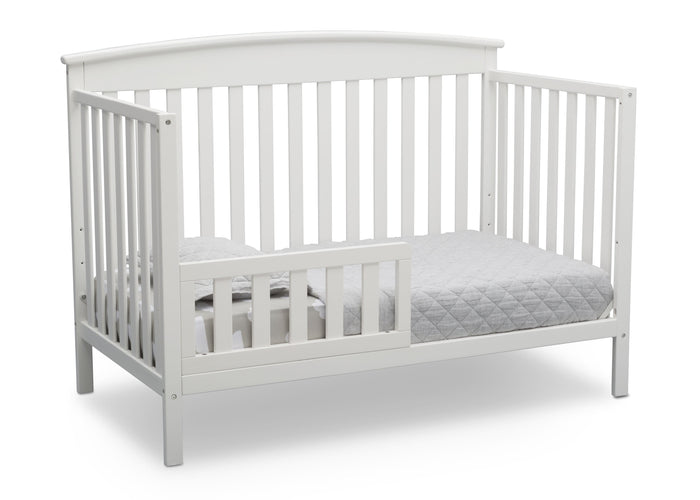 Delta Children Bianca White (130) Finley 4-in-1 Convertible Baby Crib Toddler Bed Angled View a5a