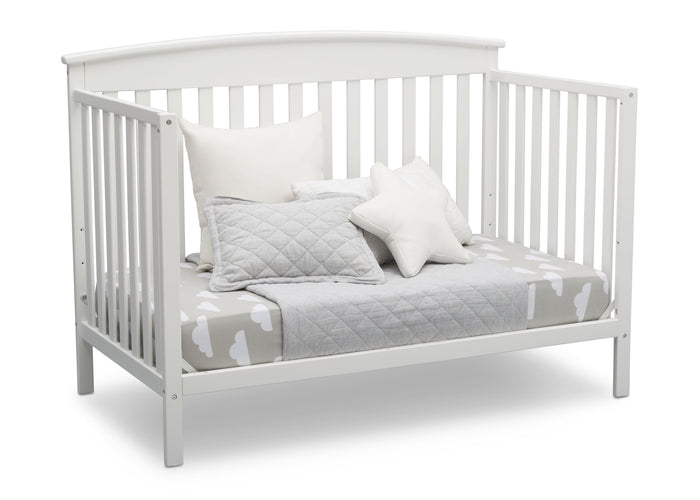 Delta Children Bianca White (130) Finley 4-in-1 Convertible Baby Crib Day Bed Angled View a6a