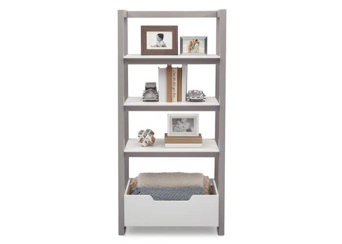 Delta Children Bianca White with Grey (166) Gateway Ladder Shelf, Front View with Props a6a