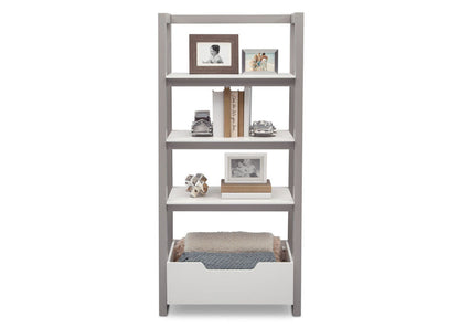 Delta Children Bianca White with Grey (166) Gateway Ladder Shelf, Front View with Props a6a