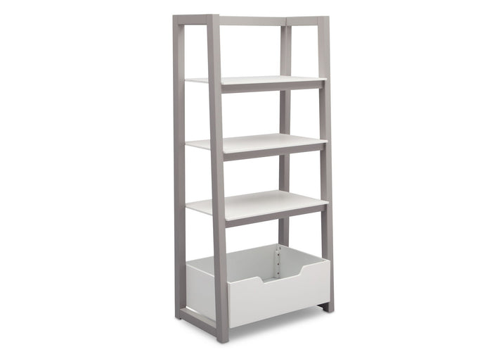 Delta Children Bianca White with Grey (166) Gateway Ladder Shelf, Angled View a3a