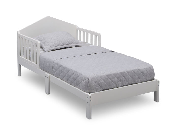 Gray metal bed frame with mattress and pillows on a white background