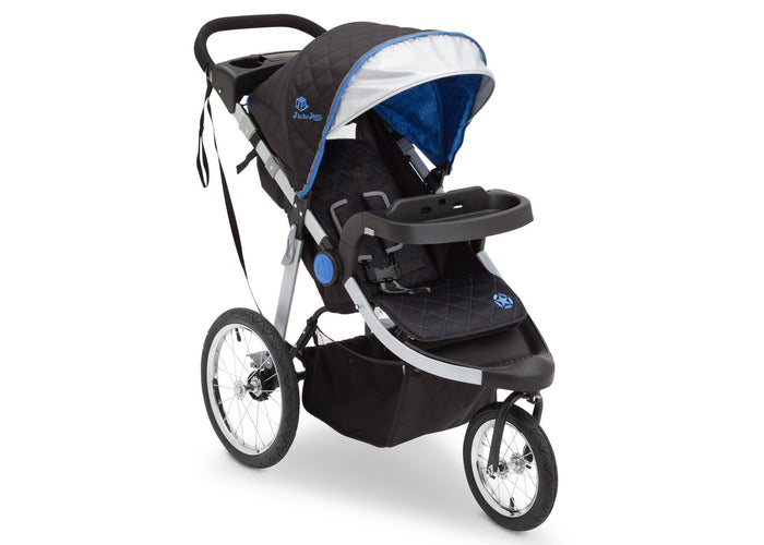 Delta Children J is for Jeep Brand Trek Blue Tonal (436) Cross Country All Terrain Jogging Stroller Right Side View, with Canopy, Child Tray and Sun Visor b1b