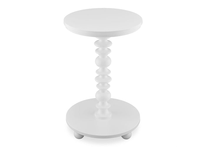 White side table with a spiral design on a white background