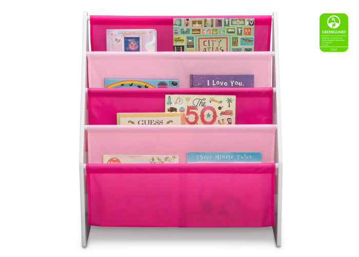 Delta Children White/Pink (130) Sling Book Rack Bookshelf for Kids, Front Silo View with Props Bianca White (130)