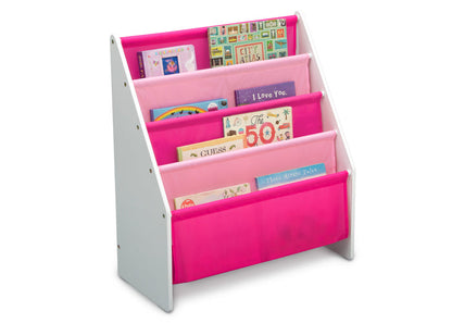 Delta Children White/Pink (130) Sling Book Rack Bookshelf for Kids, Right Silo View with Props Bianca White (130)