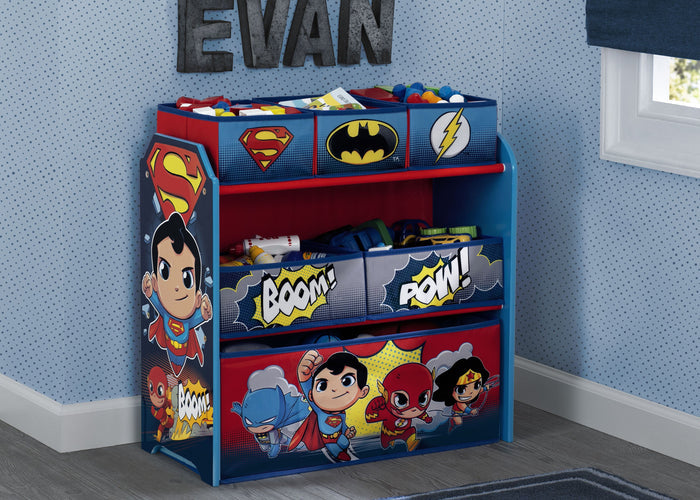 Delta Children Style 1 Super Friends (Batman | Robin | Superman | Wonder Woman | The Flash) Multi-Bin Toy Organizer Hangtag View a2a