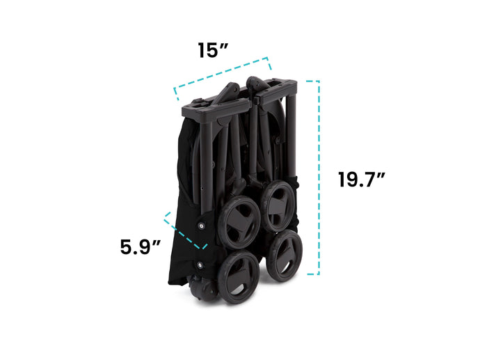 Delta Children Ultimate Fold N Go Compact Travel Stroller Black (001), folded view with dimensions a3a