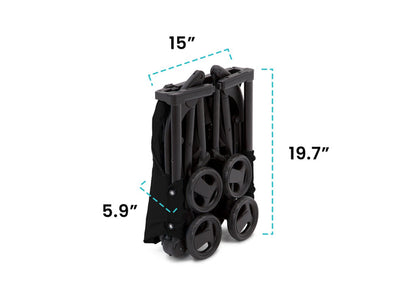 Delta Children Ultimate Fold N Go Compact Travel Stroller Black (001), folded view with dimensions a3a