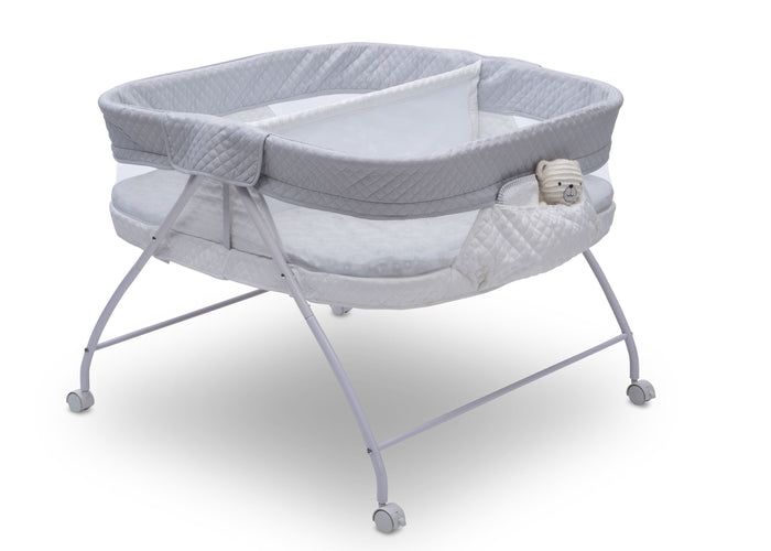 Little Folks by Delta Children Aqua Geo (2040) Twin EZ Fold Ultra Compact Double Bassinet, Right Silo View