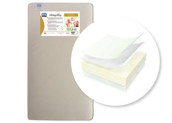 Simmons Kids Naturally Sleepy Nights infant and toddler mattress in a beige color, featuring a label and a fabric sample.